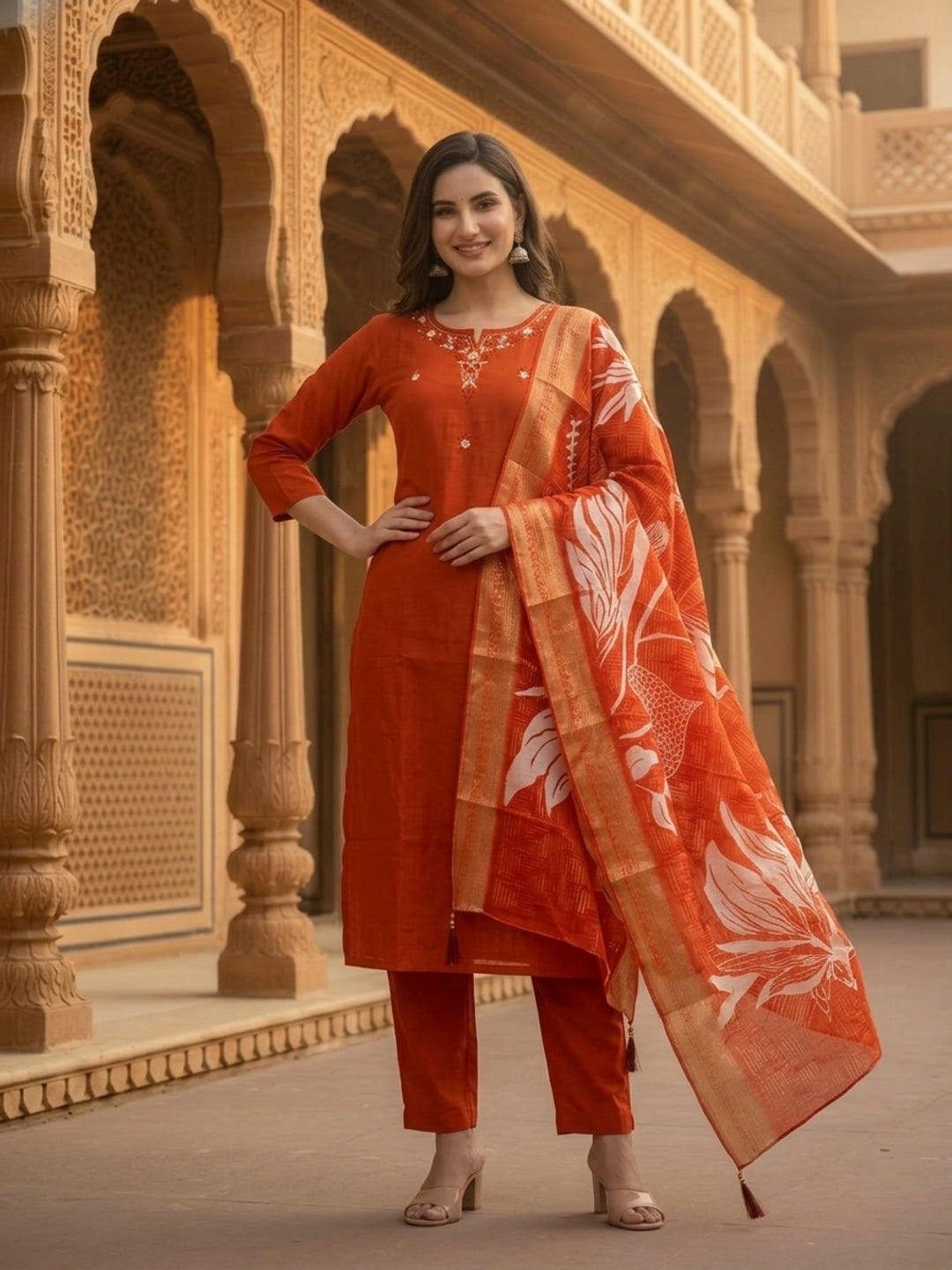 Rust Solid Muslin Silk Straight Kurta Set with Pearl & Threadwork Embroidery, Round Neck, Trouser & Poly Chanderi Self Design Tassel Dupatta