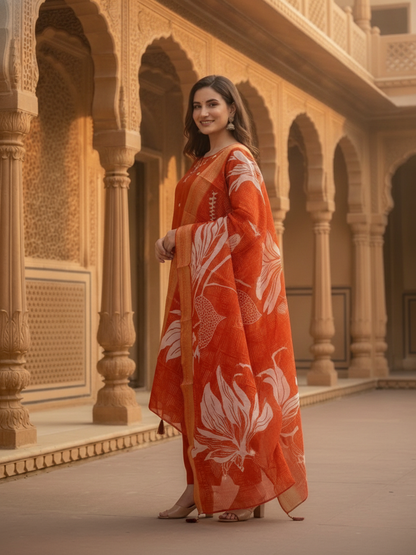 Rust Solid Muslin Silk Straight Kurta Set with Pearl & Threadwork Embroidery, Round Neck, Trouser & Poly Chanderi Self Design Tassel Dupatta