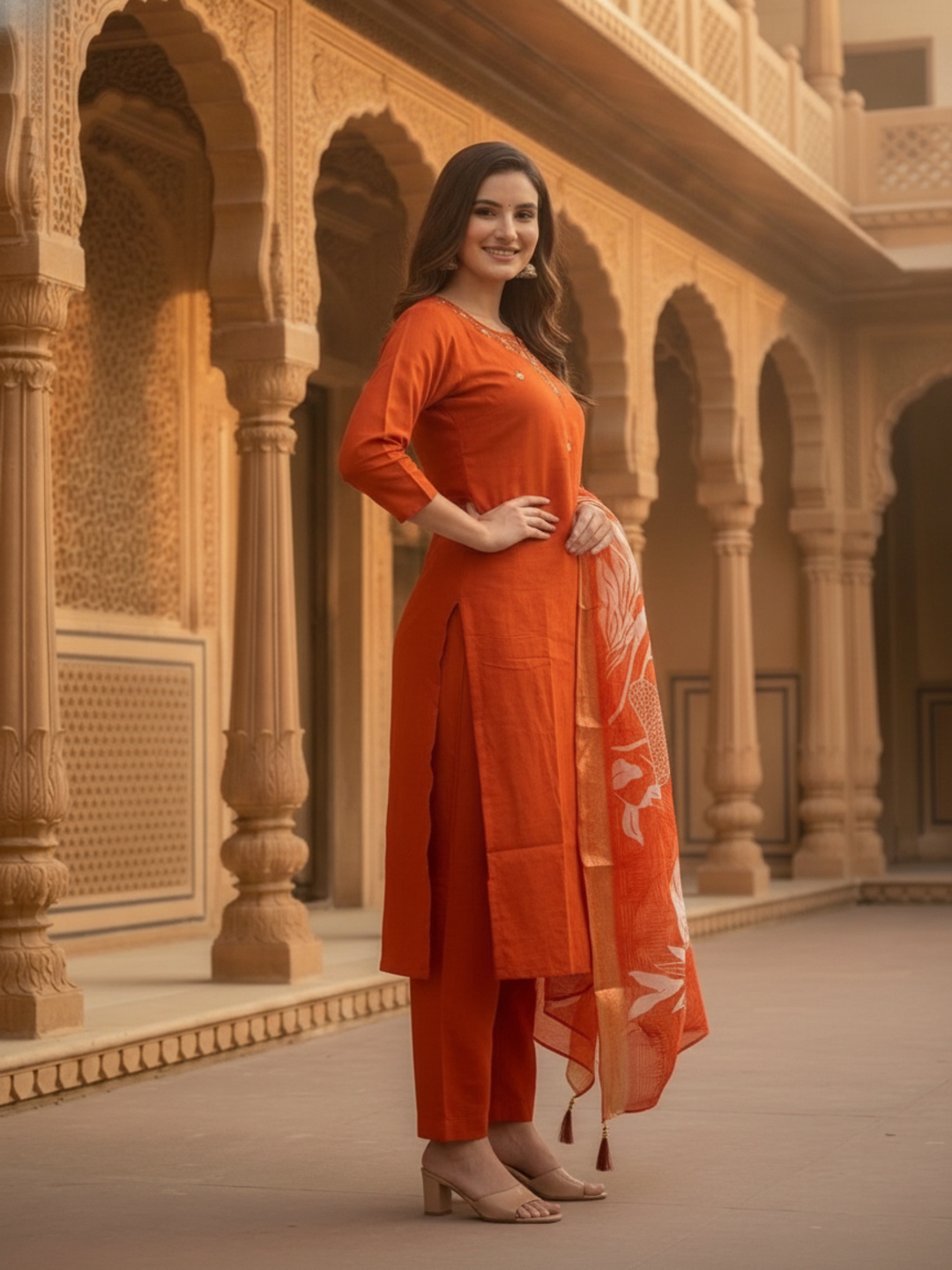 Rust Solid Muslin Silk Straight Kurta Set with Pearl & Threadwork Embroidery, Round Neck, Trouser & Poly Chanderi Self Design Tassel Dupatta