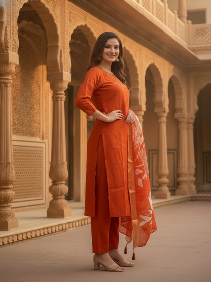 Rust Solid Muslin Silk Straight Kurta Set with Pearl & Threadwork Embroidery, Round Neck, Trouser & Poly Chanderi Self Design Tassel Dupatta