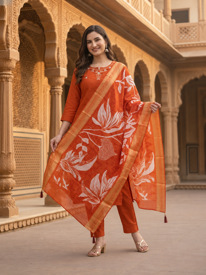 Rust Solid Muslin Silk Straight Kurta Set with Pearl & Threadwork Embroidery, Round Neck, Trouser & Poly Chanderi Self Design Tassel Dupatta