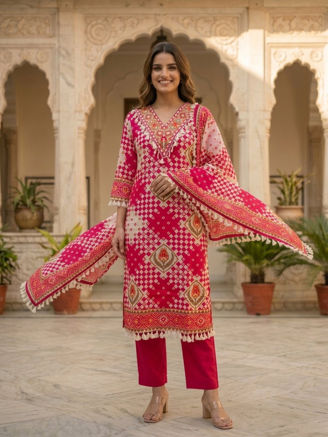 Rani Ethnic Floral Printed Cotton Straight Kurta Set with Mirror Work, Tassel Accents, V-Neck, Pink Palazzo & Printed Pure Cotton Crochet Lace Dupatta