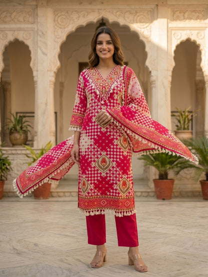 Rani Ethnic Floral Printed Cotton Straight Kurta Set with Mirror Work, Tassel Accents, V-Neck, Pink Palazzo & Printed Pure Cotton Crochet Lace Dupatta
