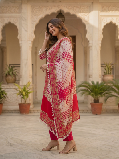 Rani Ethnic Floral Printed Cotton Straight Kurta Set with Mirror Work, Tassel Accents, V-Neck, Pink Palazzo & Printed Pure Cotton Crochet Lace Dupatta