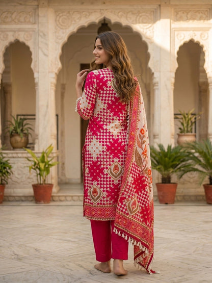 Rani Ethnic Floral Printed Cotton Straight Kurta Set with Mirror Work, Tassel Accents, V-Neck, Pink Palazzo & Printed Pure Cotton Crochet Lace Dupatta