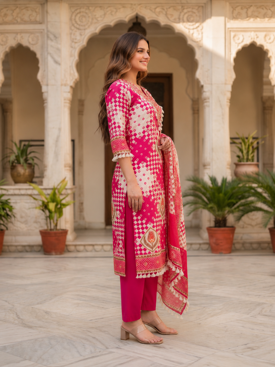 Rani Ethnic Floral Printed Cotton Straight Kurta Set with Mirror Work, Tassel Accents, V-Neck, Pink Palazzo & Printed Pure Cotton Crochet Lace Dupatta
