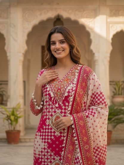 Rani Ethnic Floral Printed Cotton Straight Kurta Set with Mirror Work, Tassel Accents, V-Neck, Pink Palazzo & Printed Pure Cotton Crochet Lace Dupatta