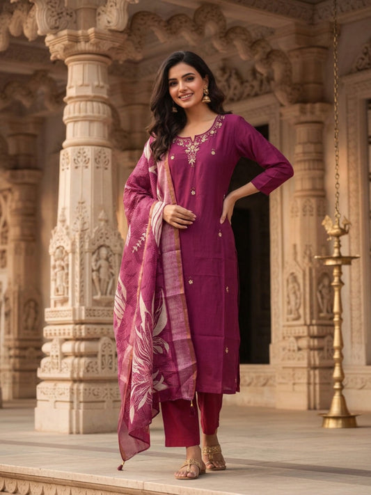 Burgundy Solid Muslin Silk Straight Kurta Set with Pearl & Threadwork Embroidery, Round Neck, Trouser & Poly Chanderi Self Design Tassel Dupatta