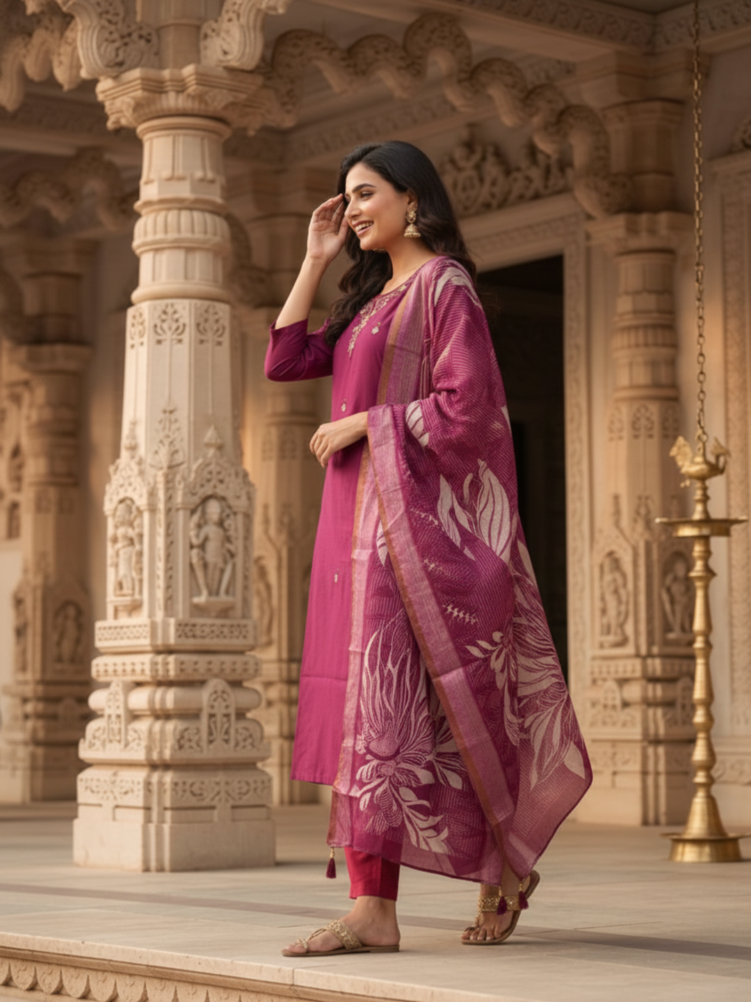 Burgundy Solid Muslin Silk Straight Kurta Set with Pearl & Threadwork Embroidery, Round Neck, Trouser & Poly Chanderi Self Design Tassel Dupatta