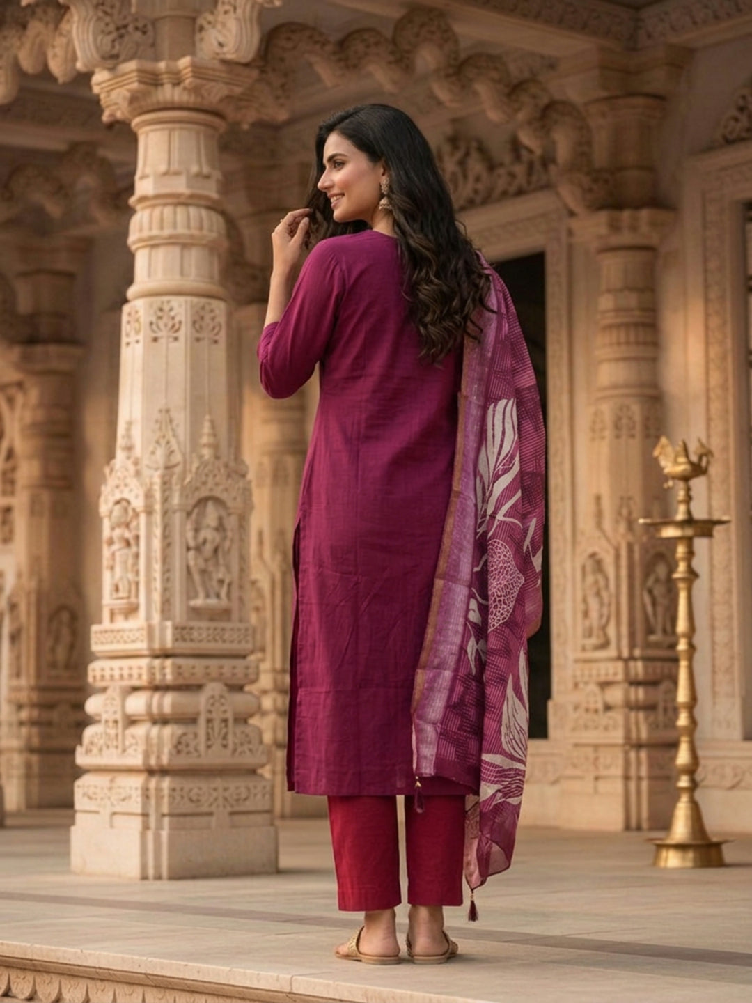 Burgundy Solid Muslin Silk Straight Kurta Set with Pearl & Threadwork Embroidery, Round Neck, Trouser & Poly Chanderi Self Design Tassel Dupatta