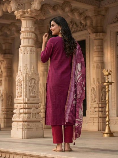 Burgundy Solid Muslin Silk Straight Kurta Set with Pearl & Threadwork Embroidery, Round Neck, Trouser & Poly Chanderi Self Design Tassel Dupatta