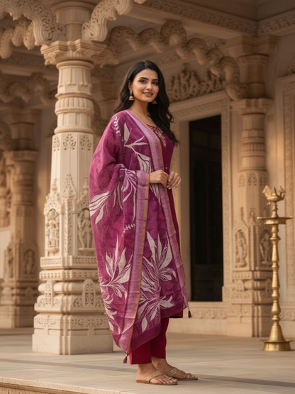 Burgundy Solid Muslin Silk Straight Kurta Set with Pearl & Threadwork Embroidery, Round Neck, Trouser & Poly Chanderi Self Design Tassel Dupatta