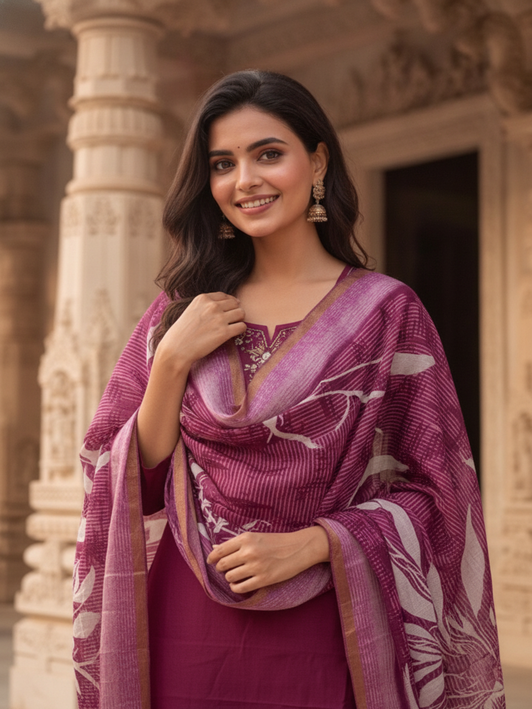 Burgundy Solid Muslin Silk Straight Kurta Set with Pearl & Threadwork Embroidery, Round Neck, Trouser & Poly Chanderi Self Design Tassel Dupatta