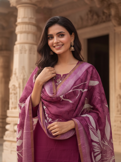 Burgundy Solid Muslin Silk Straight Kurta Set with Pearl & Threadwork Embroidery, Round Neck, Trouser & Poly Chanderi Self Design Tassel Dupatta