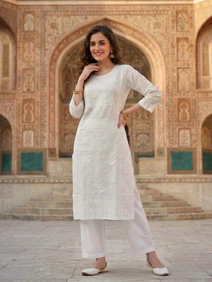 White Solid Cotton Straight Kurta Set with Chikankari Work, Palazzo & Solid Taping Dupatta