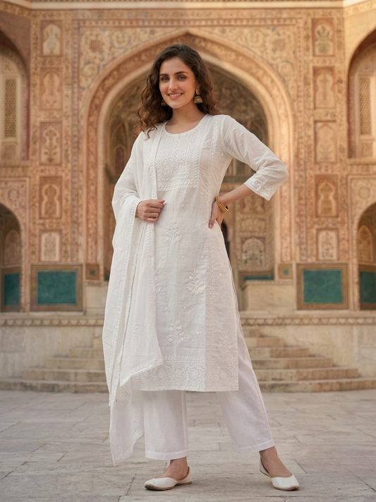 White Solid Cotton Straight Kurta Set with Chikankari Work, Palazzo & Solid Taping Dupatta