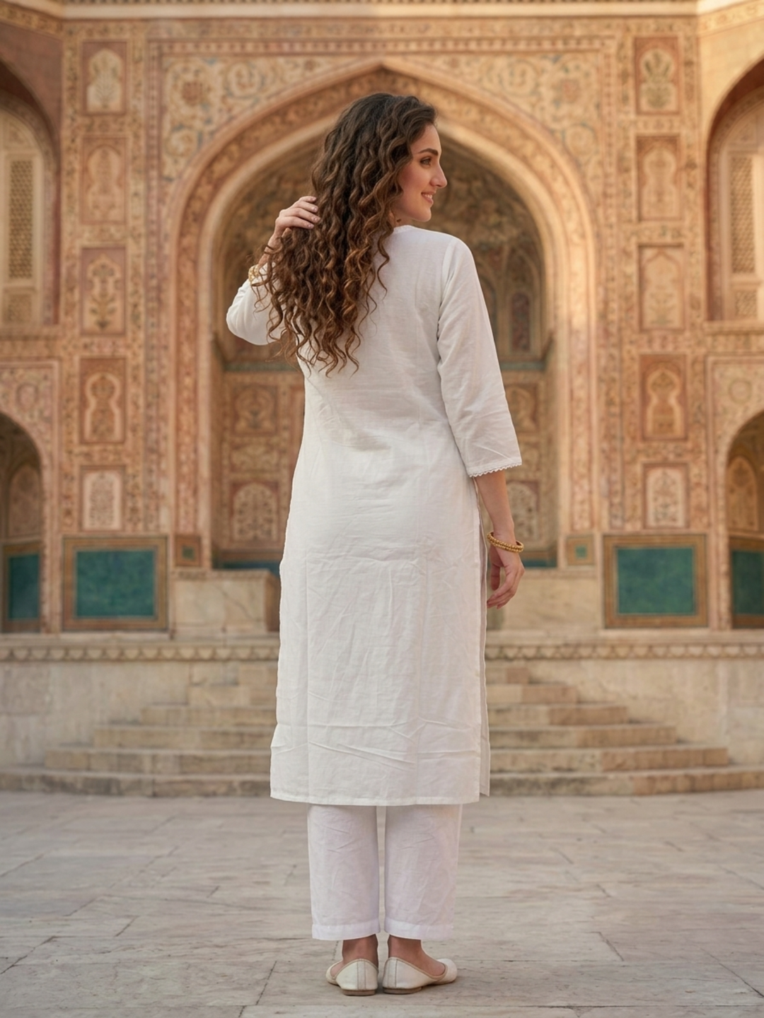White Solid Cotton Straight Kurta Set with Chikankari Work, Palazzo & Solid Taping Dupatta