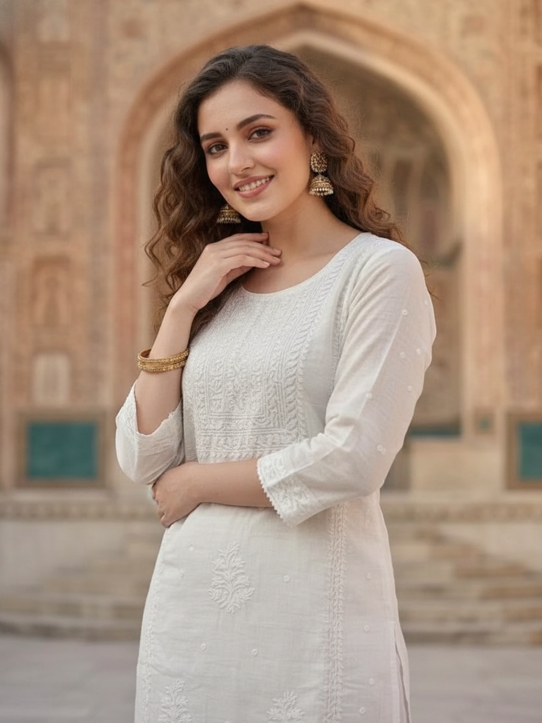 White Solid Cotton Straight Kurta Set with Chikankari Work, Palazzo & Solid Taping Dupatta