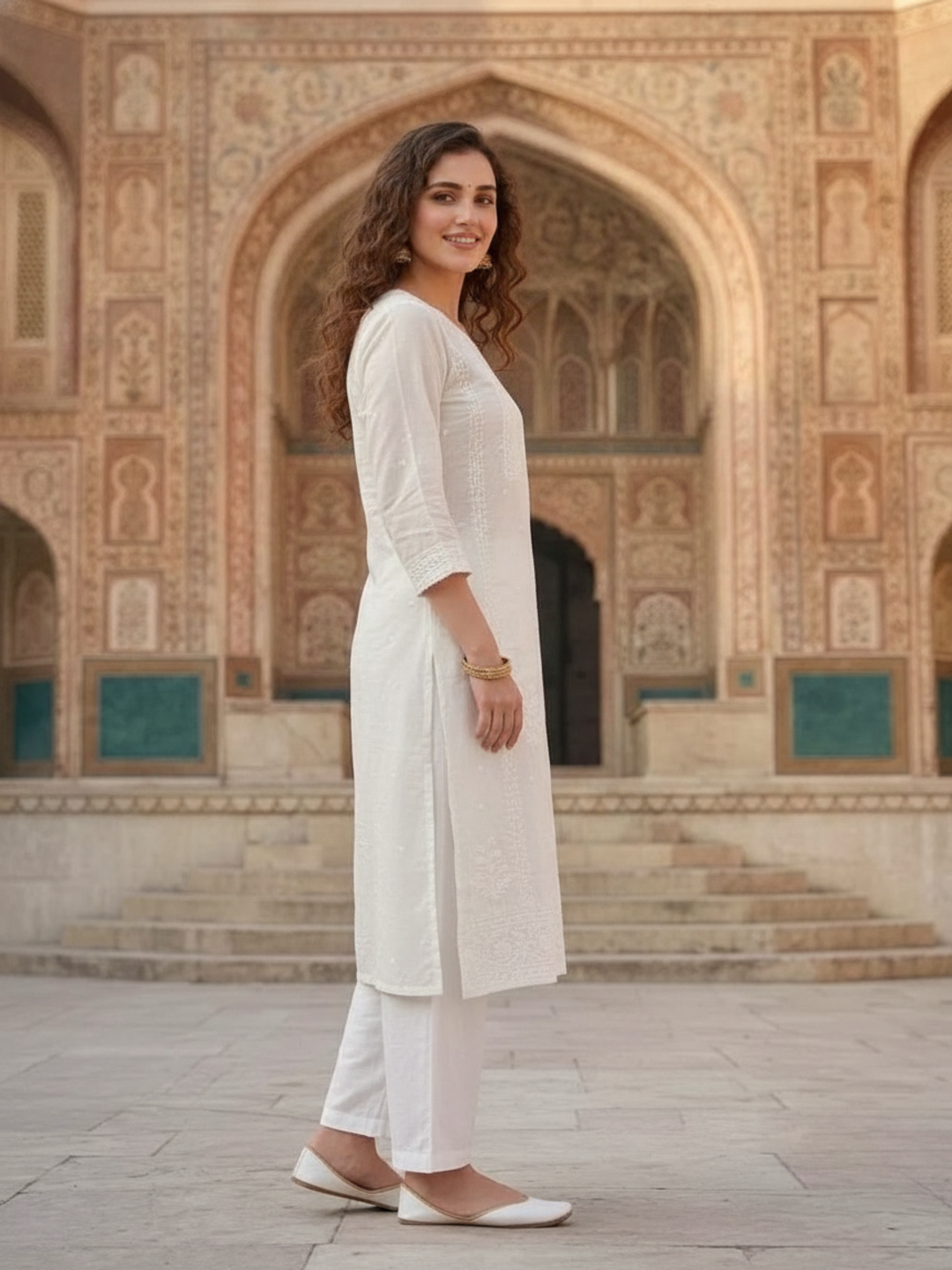 White Solid Cotton Straight Kurta Set with Chikankari Work, Palazzo & Solid Taping Dupatta