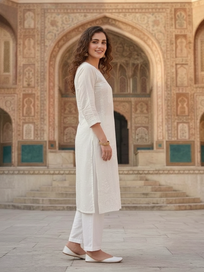 White Solid Cotton Straight Kurta Set with Chikankari Work, Palazzo & Solid Taping Dupatta