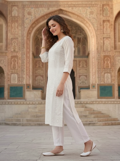 White Solid Cotton Straight Kurta Set with Chikankari Work, Palazzo & Solid Taping Dupatta