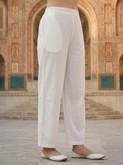 White Solid Cotton Straight Kurta Set with Chikankari Work, Palazzo & Solid Taping Dupatta