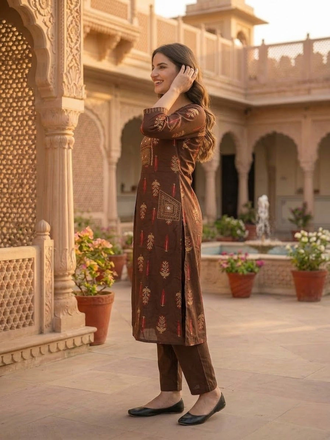 Dark Brown Floral Printed Cotton A-Line Kurta Set with Mirror & Threadwork Embroidery, Palazzo & Embroidered Cotton Dupatta
