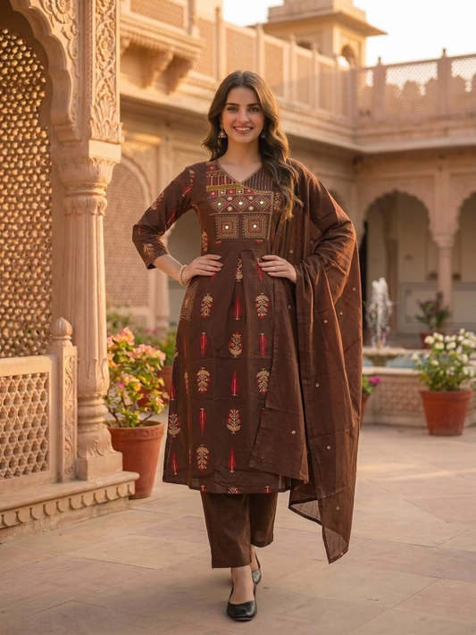 Dark Brown Floral Printed Cotton A-Line Kurta Set with Mirror & Threadwork Embroidery, Palazzo & Embroidered Cotton Dupatta