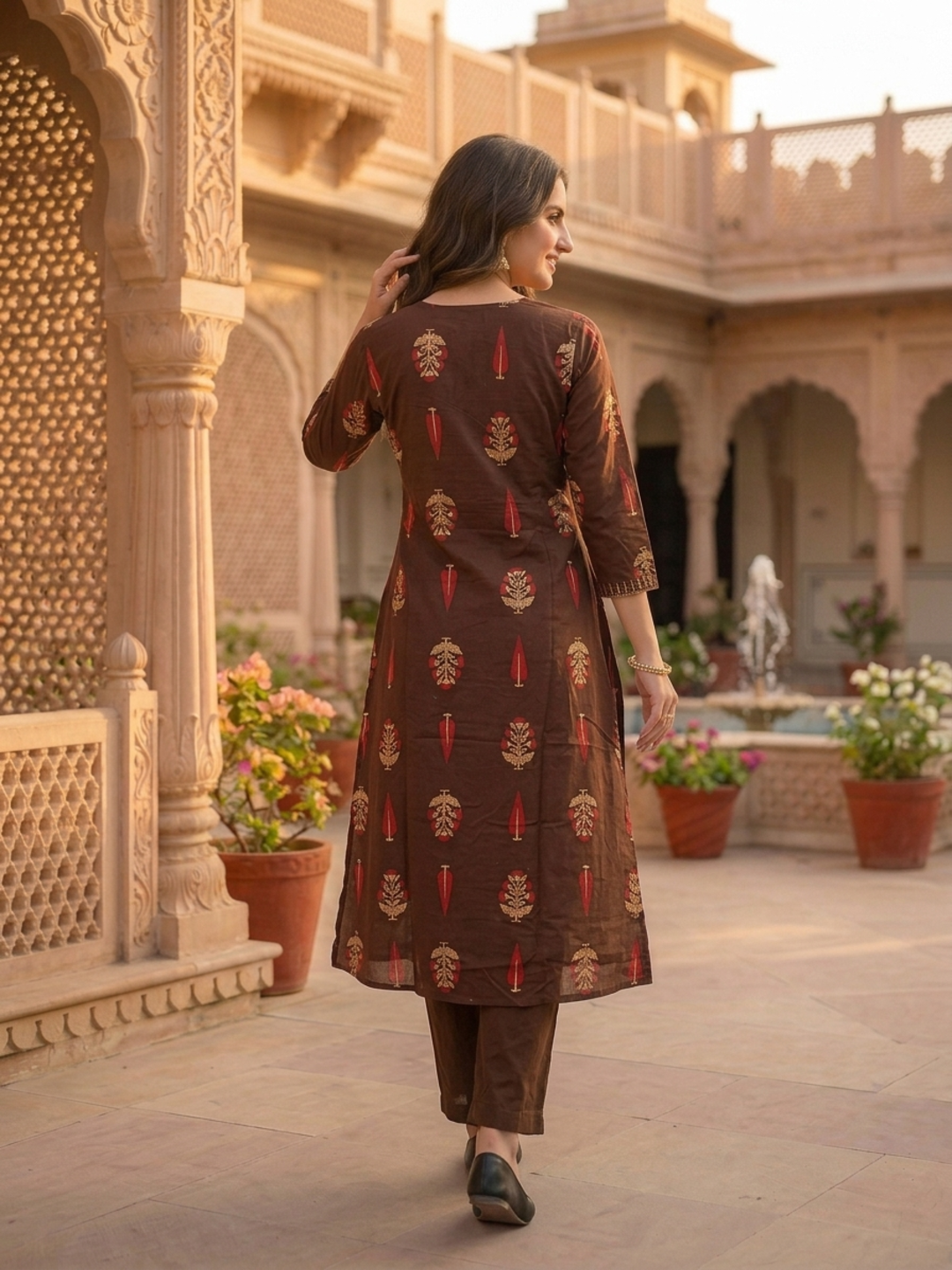 Dark Brown Floral Printed Cotton A-Line Kurta Set with Mirror & Threadwork Embroidery, Palazzo & Embroidered Cotton Dupatta