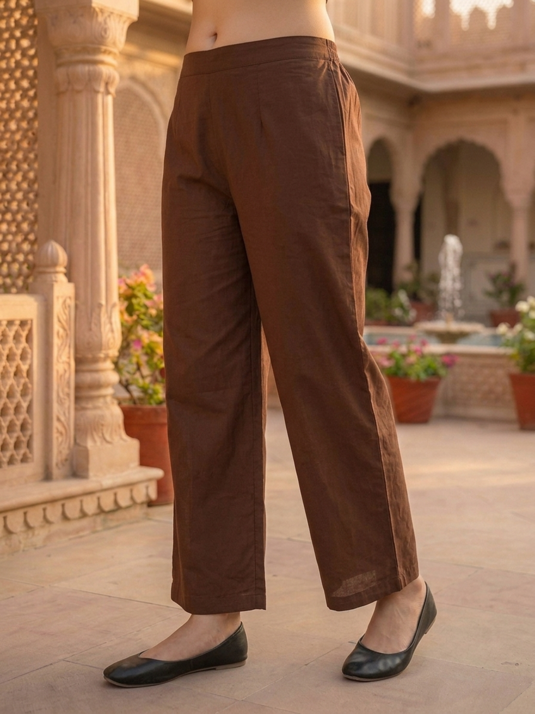 Dark Brown Floral Printed Cotton A-Line Kurta Set with Mirror & Threadwork Embroidery, Palazzo & Embroidered Cotton Dupatta