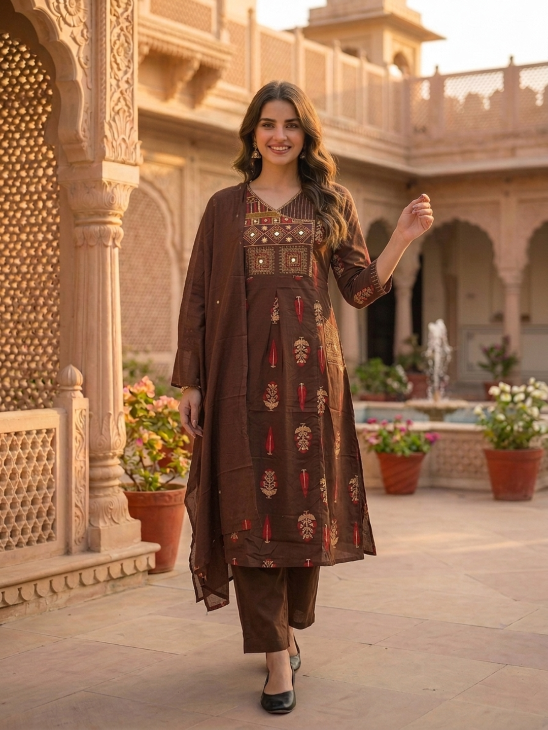 Dark Brown Floral Printed Cotton A-Line Kurta Set with Mirror & Threadwork Embroidery, Palazzo & Embroidered Cotton Dupatta