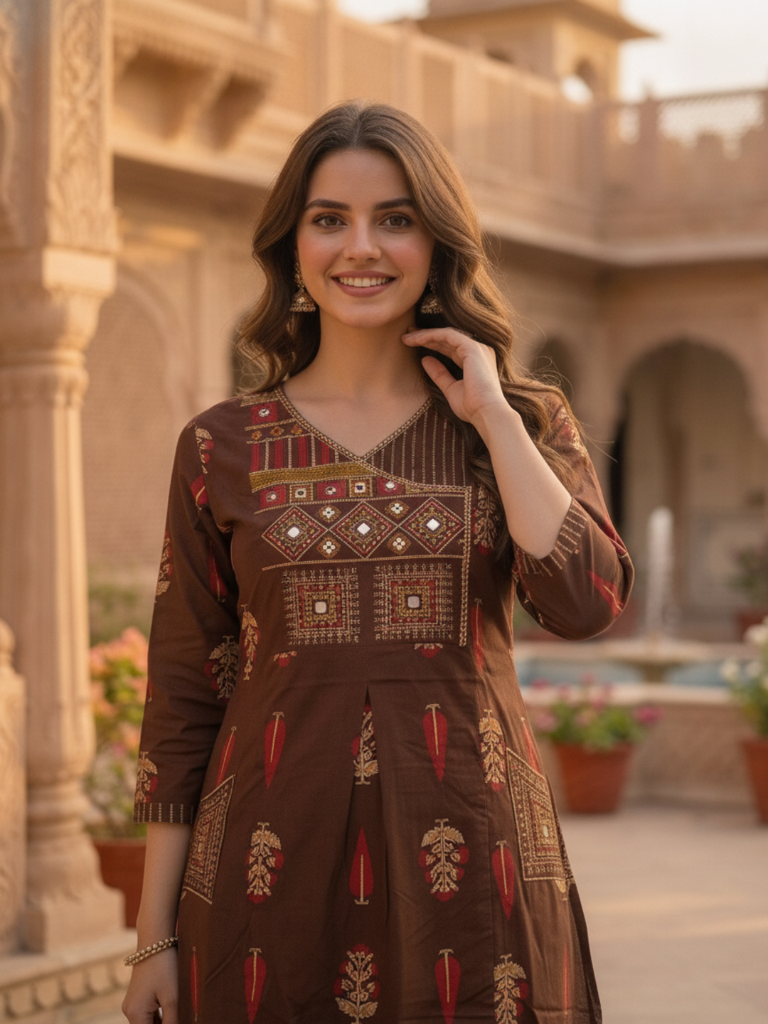 Dark Brown Floral Printed Cotton A-Line Kurta Set with Mirror & Threadwork Embroidery, Palazzo & Embroidered Cotton Dupatta
