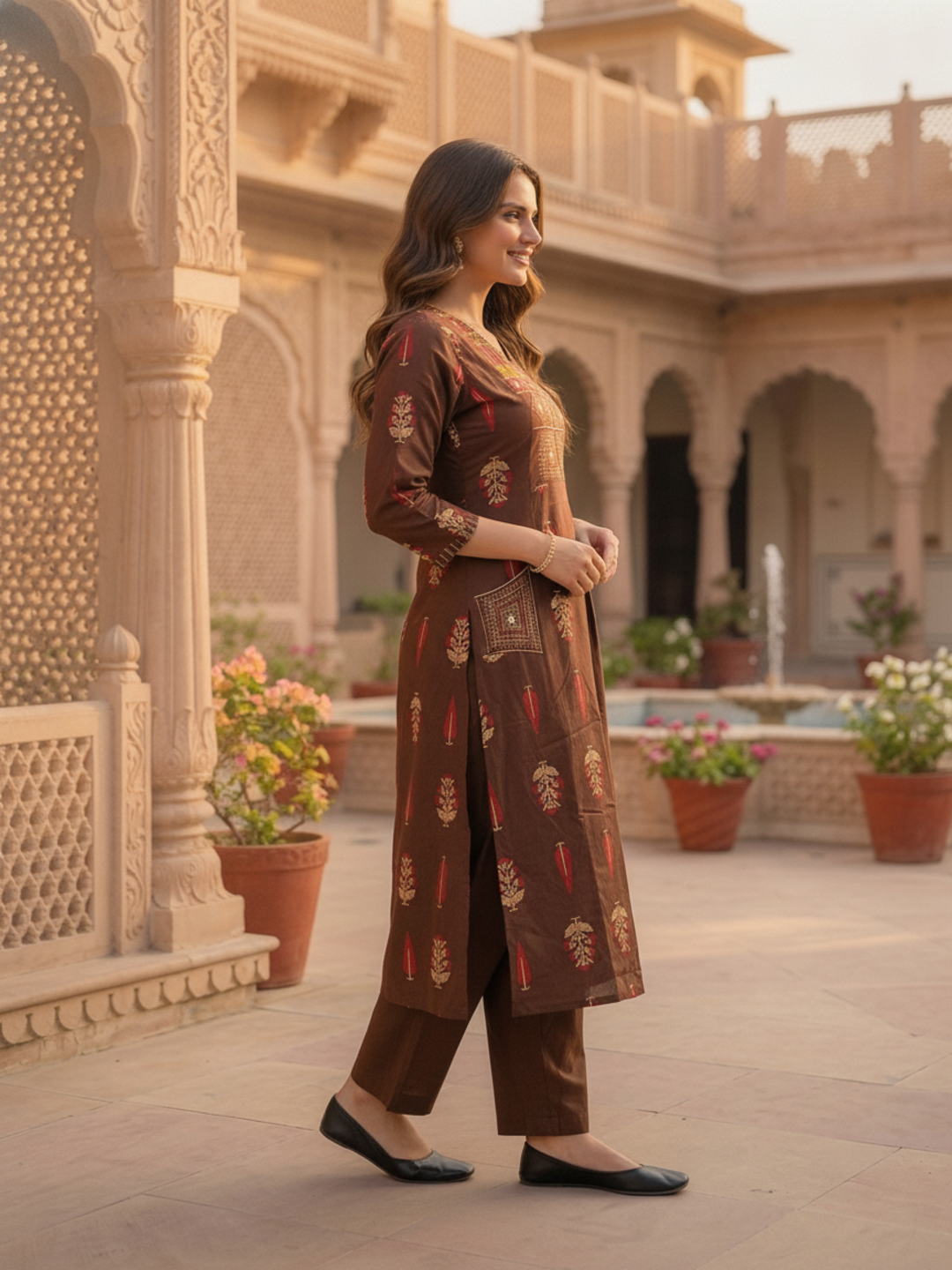 Dark Brown Floral Printed Cotton A-Line Kurta Set with Mirror & Threadwork Embroidery, Palazzo & Embroidered Cotton Dupatta