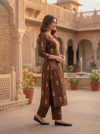 Dark Brown Floral Printed Cotton A-Line Kurta Set with Mirror & Threadwork Embroidery, Palazzo & Embroidered Cotton Dupatta