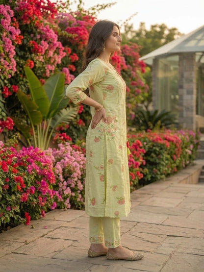 Pista Green Floral Printed Cotton A-Line Kurta Set with Mirror & Threadwork Embroidery, Pant & Crochet Dupatta