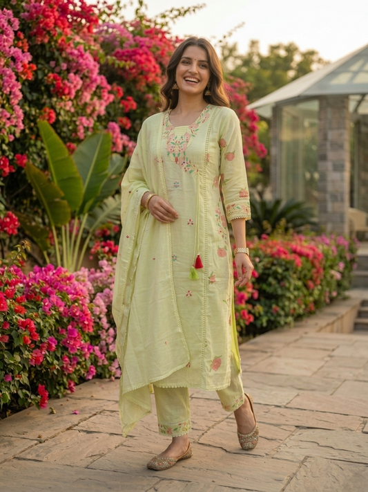 Pista Green Floral Printed Cotton A-Line Kurta Set with Mirror & Threadwork Embroidery, Pant & Crochet Dupatta