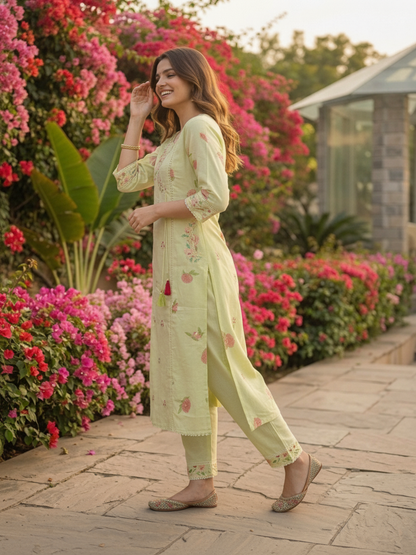 Pista Green Floral Printed Cotton A-Line Kurta Set with Mirror & Threadwork Embroidery, Pant & Crochet Dupatta