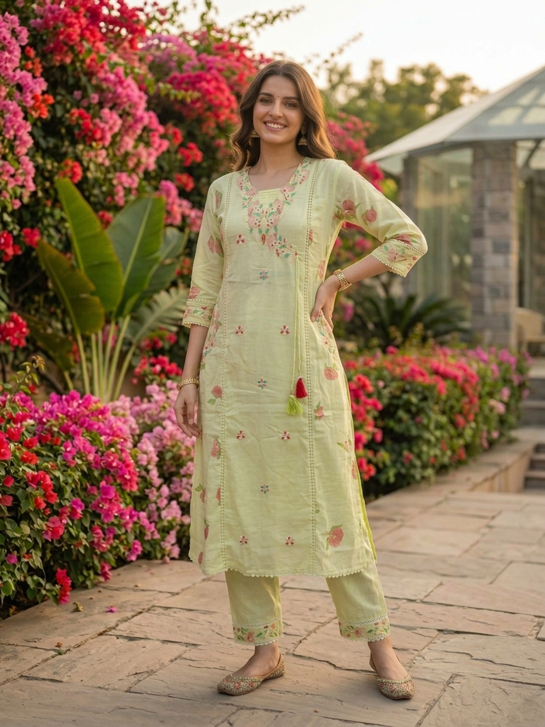 Pista Green Floral Printed Cotton A-Line Kurta Set with Mirror & Threadwork Embroidery, Pant & Crochet Dupatta