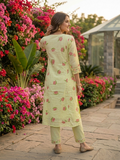 Pista Green Floral Printed Cotton A-Line Kurta Set with Mirror & Threadwork Embroidery, Pant & Crochet Dupatta