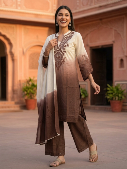 Brown Ombre Cotton A-Line Kurta Set with Floral Mirror Work Embroidery, Palazzo & Taping Dupatta