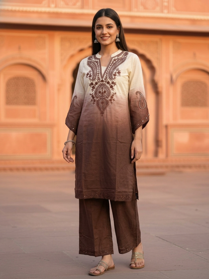 Brown Ombre Cotton A-Line Kurta Set with Floral Mirror Work Embroidery, Palazzo & Taping Dupatta