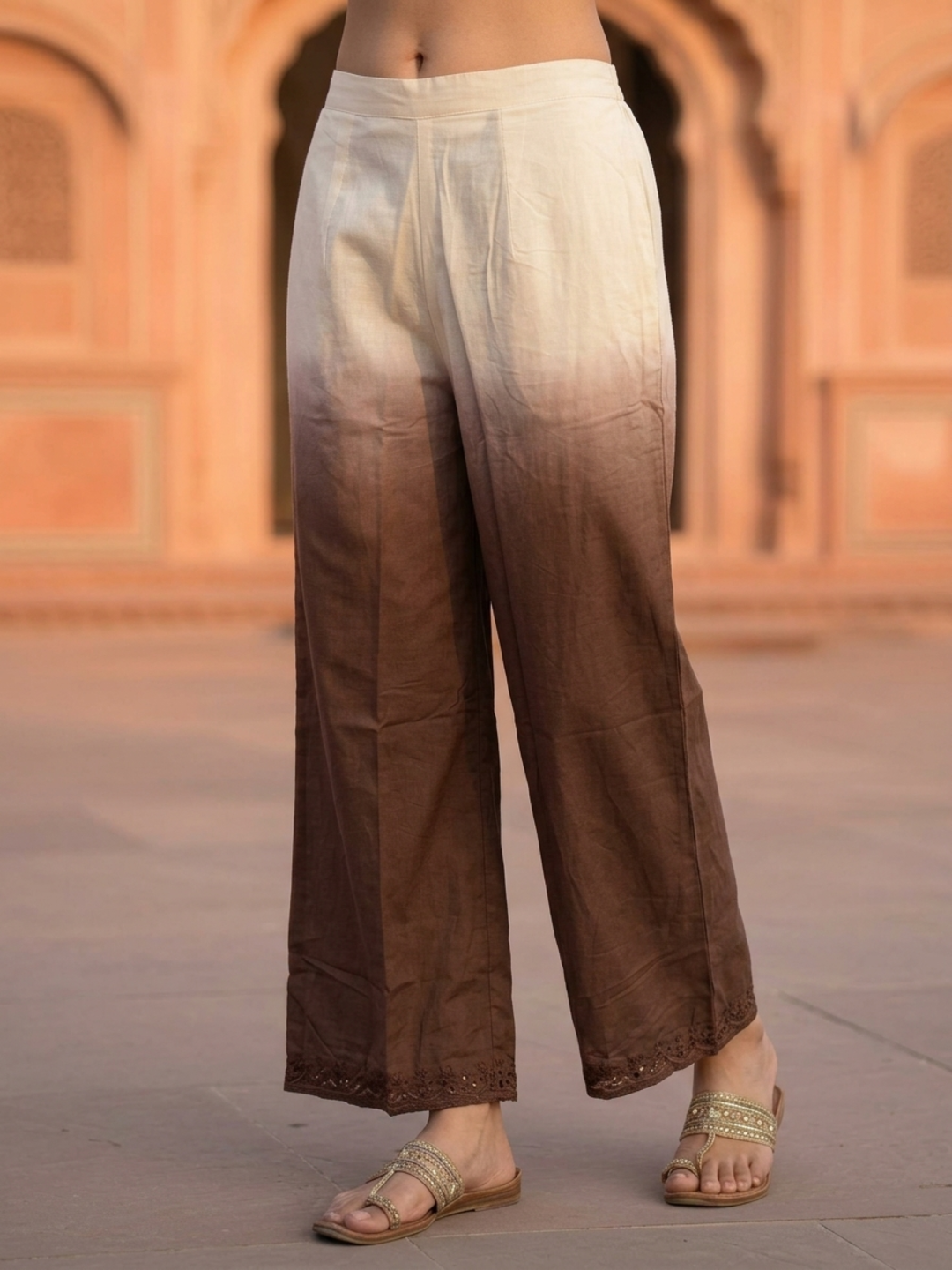 Brown Ombre Cotton A-Line Kurta Set with Floral Mirror Work Embroidery, Palazzo & Taping Dupatta