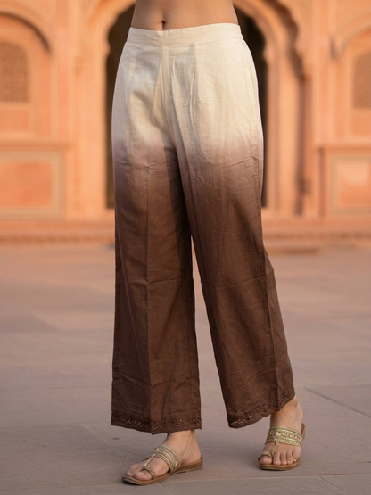 Brown Ombre Cotton A-Line Kurta Set with Floral Mirror Work Embroidery, Palazzo & Taping Dupatta