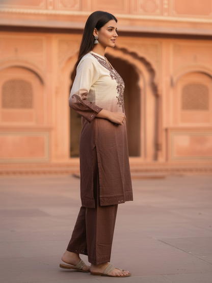 Brown Ombre Cotton A-Line Kurta Set with Floral Mirror Work Embroidery, Palazzo & Taping Dupatta