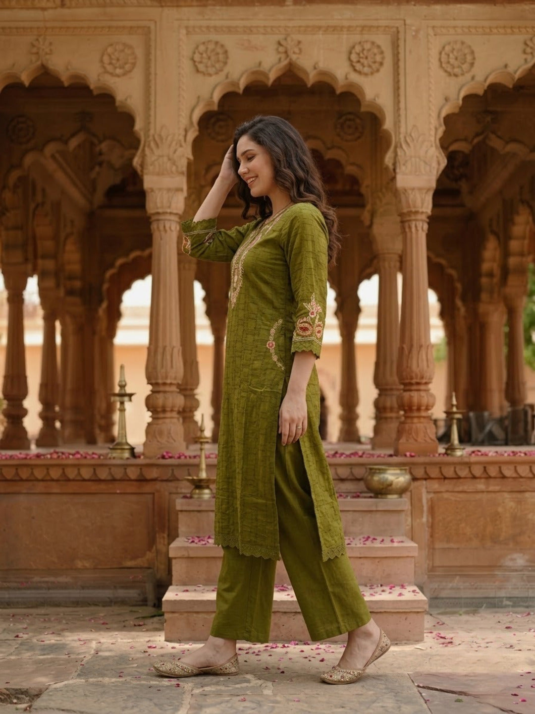 Olive Green Solid Cotton A-Line Kurta Set with Foil Mirror & Threadwork Embroidery, Round Neck, Palazzo & Pure Cotton Tassel Dupatta