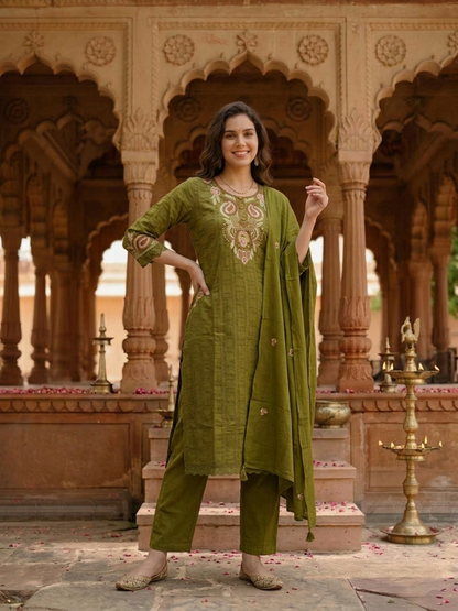 Olive Green Solid Cotton A-Line Kurta Set with Foil Mirror & Threadwork Embroidery, Round Neck, Palazzo & Pure Cotton Tassel Dupatta
