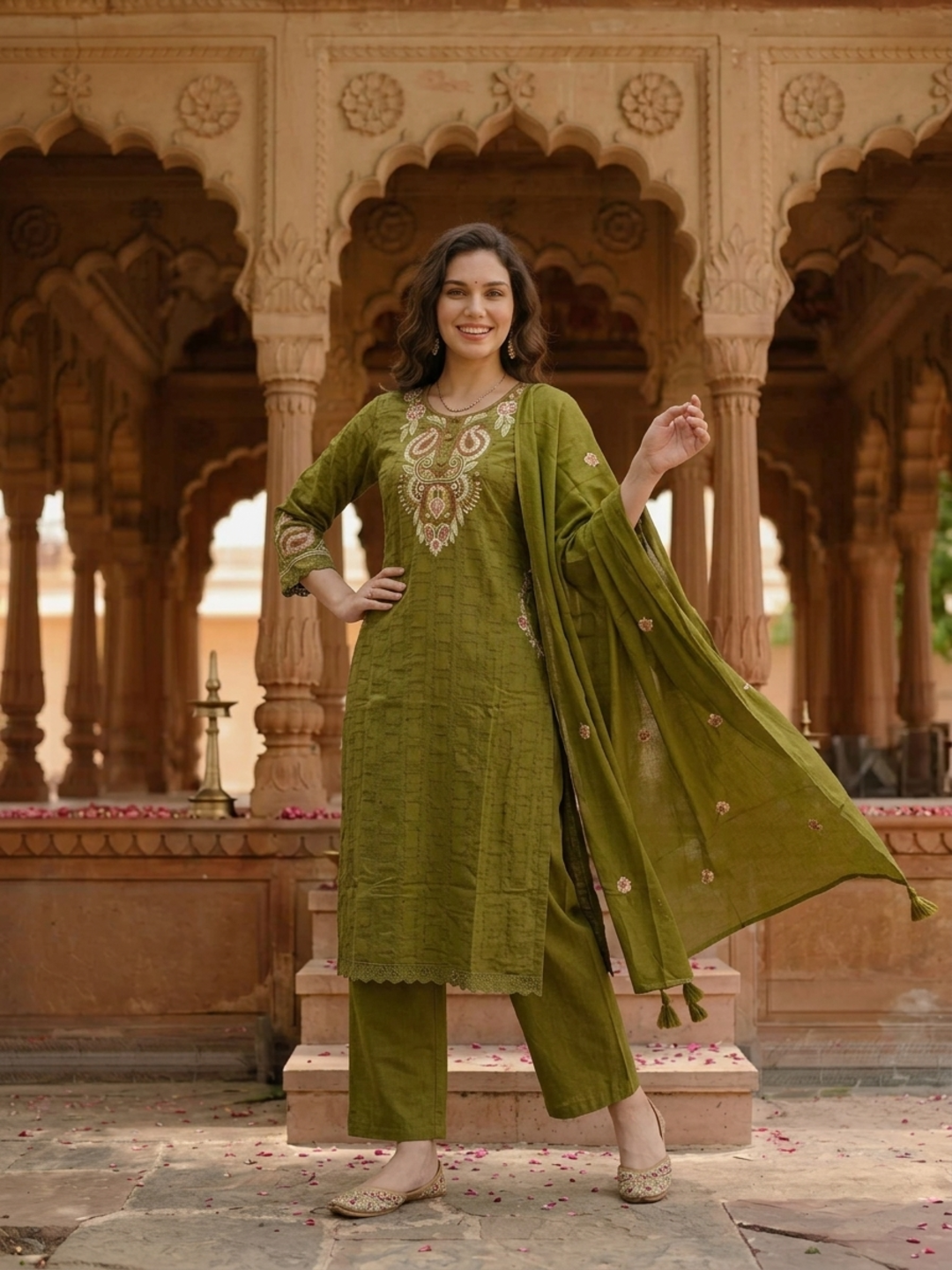 Olive Green Solid Cotton A-Line Kurta Set with Foil Mirror & Threadwork Embroidery, Round Neck, Palazzo & Pure Cotton Tassel Dupatta