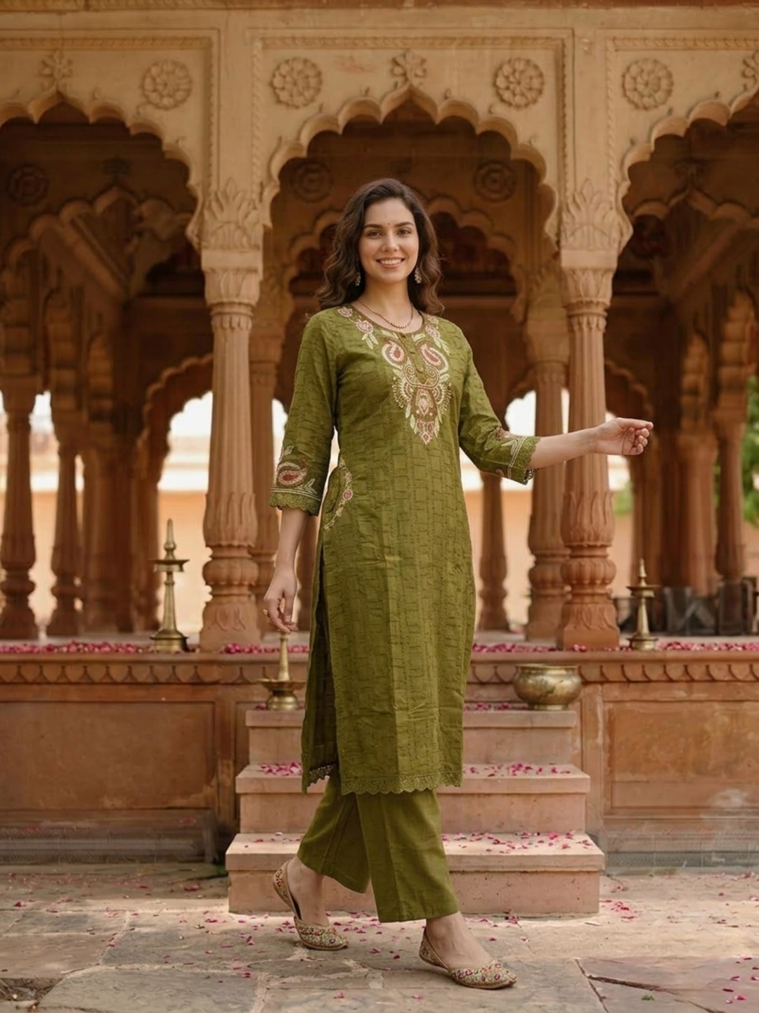 Olive Green Solid Cotton A-Line Kurta Set with Foil Mirror & Threadwork Embroidery, Round Neck, Palazzo & Pure Cotton Tassel Dupatta