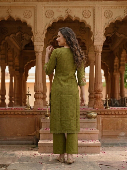 Olive Green Solid Cotton A-Line Kurta Set with Foil Mirror & Threadwork Embroidery, Round Neck, Palazzo & Pure Cotton Tassel Dupatta
