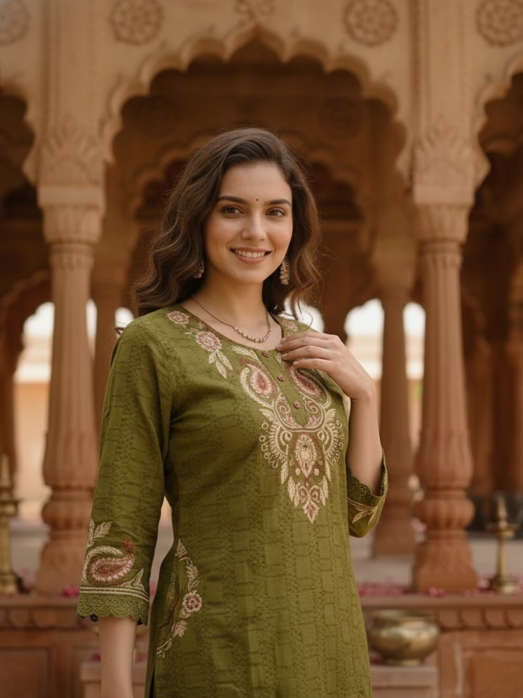 Olive Green Solid Cotton A-Line Kurta Set with Foil Mirror & Threadwork Embroidery, Round Neck, Palazzo & Pure Cotton Tassel Dupatta